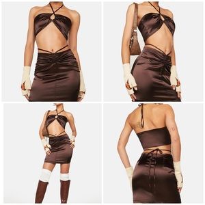 NWT Dolls Kill Satin Cut Out Halter Mini Dress Brown Vacation Festival Honeymoon